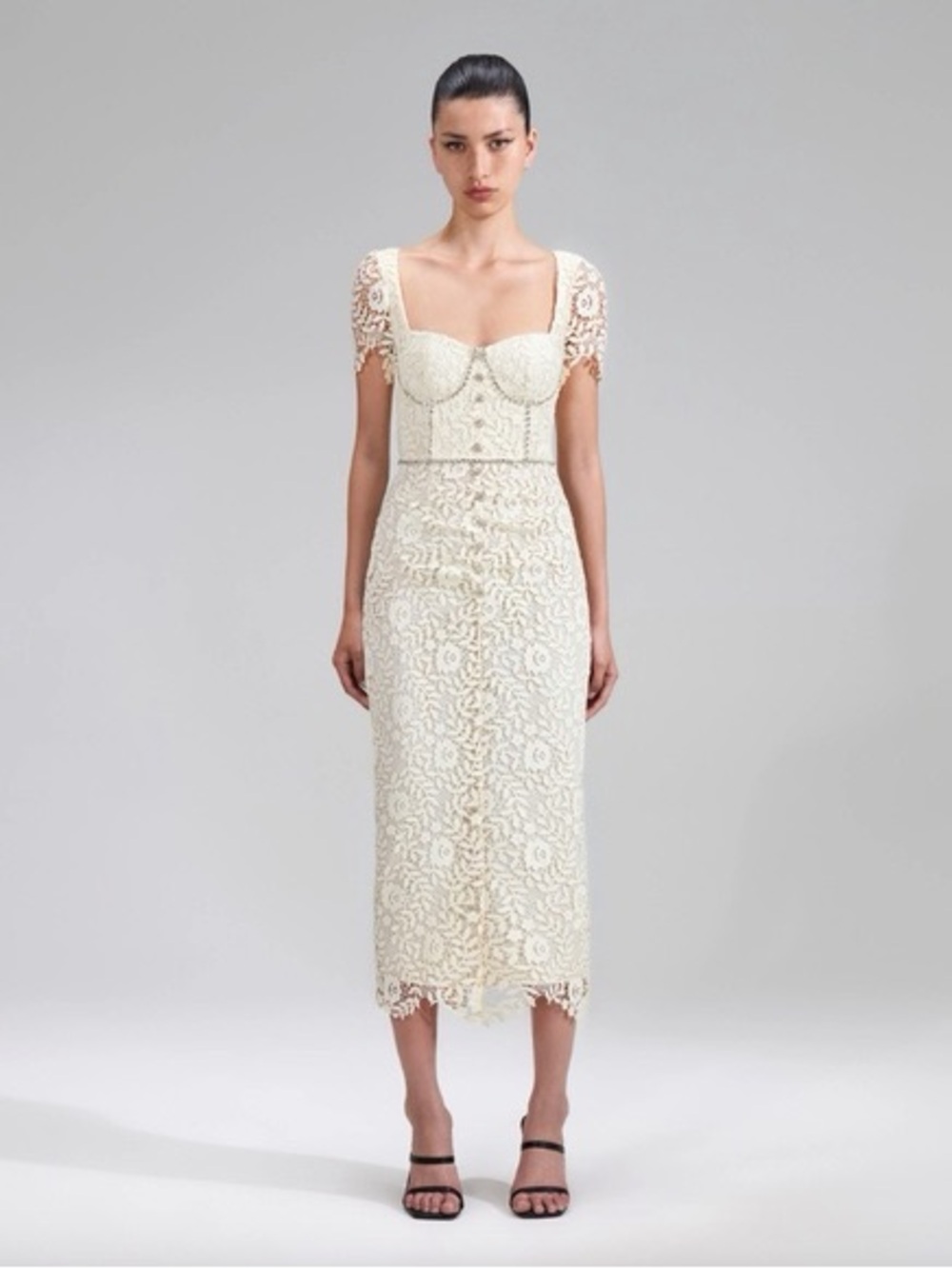 Self-Portrait Cream Lace Midi Dress with Cap Sleeves
